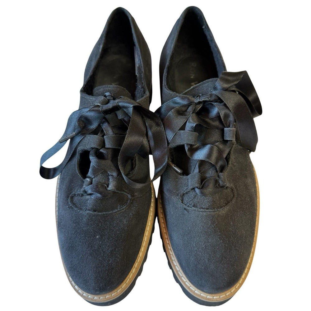 RON WHITE Daisy Oxford Shoes Women EU 37.5 US 7 Black Suede Ribbon Lace Lug Sole